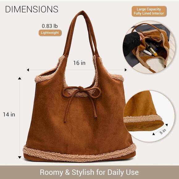 Brown Faux Suede Shearling Tote Bag - Picture 5 of 6